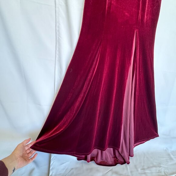 XSCAPE Burgundy Stretch Velvet Bardot Sweetheart Neck Formal Maxi Dress Size 14 - Picture 5 of 16